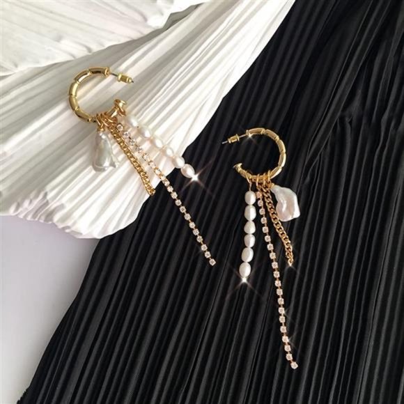 Amazon.com: Jugielu Boho Crystal Pearl Drop Earrings Long  Asphire Baroque Pearl Drop Dangle Earrings Rhinestone Long Chain Tassel Earrings